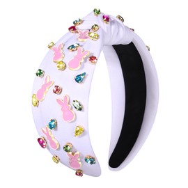 NVENF Easter Headband for Women Beaded Easter Rabbit Bunny Headband White Pink Crystal Pearl Knotted Headband Happy Easter Hair Accessories Spring Holiday Headwear Outfits Gifts (Bunny C - White)
