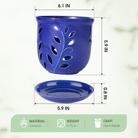 Genntale 6.1 in Ceramic Orchid Pot with Holes & Saucers, Large Orchid Planter for Indoor Outdoor Home Decor, Flower Plant Pot with Drainage for Repotting, Blue
