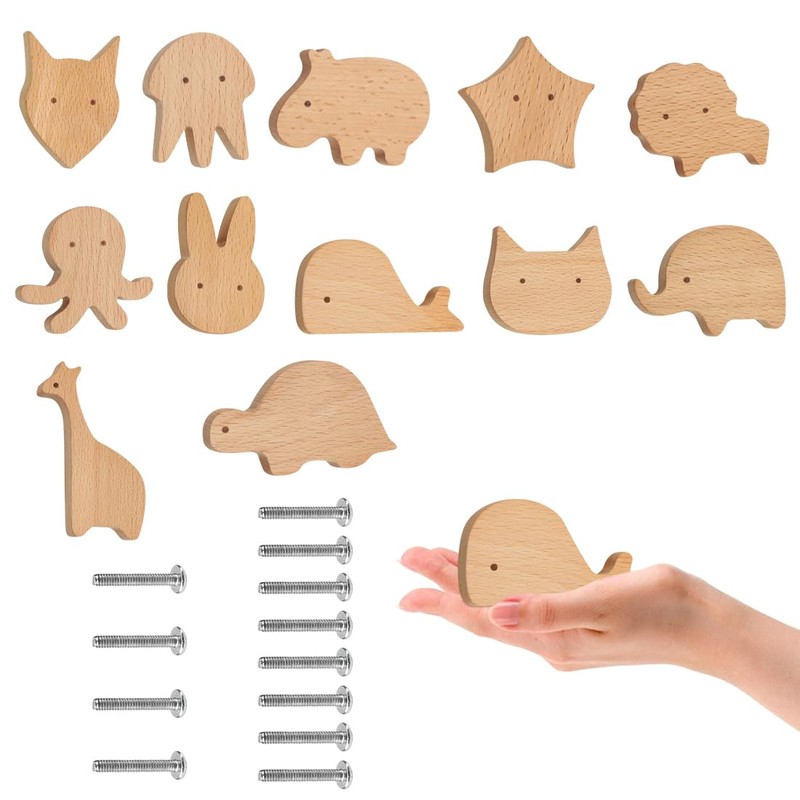 EUIEUT 12 PCS Animal Drawer Knobs Wooden Cabinet Knobs with