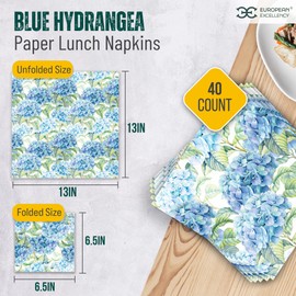 European Excellency BLUE HYDRANGEA Napkins, Floral Napkins, Hortensia Floral, 3-Ply Servilletas Printed, Lunch Size, Paper Napkins Decorative