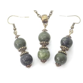 Set of Earrings and Necklace in Bronze with Pendant of Green Taiwan Jade Beads and Tibetan Beads