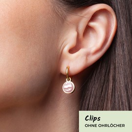 Clip Ohrringe mit Anhänger • Gold Ohrclips aus Edelstahl 18k vergoldet • mit Charm in rosa zum Wechseln • nachhaltig & handgemacht • MIX AND MATCH • Ø 14 mm