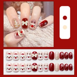 24Pcs Christmas Press on Nails Short Square Snowflake False Nails Elk Christmas Tress with Bow Red Nails Full Cover Glue on Nails Glossy Designs Cute Winter False Nails for Women Acrylic Nails