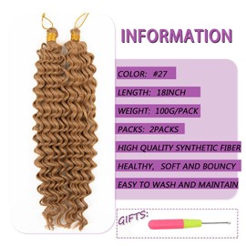 Deep Wave Crochet Hair 18 Inch 2 packs Long Curly Braiding Hair Extensions Ocean Wave Crochet Hair For Black Women Synthetic Ocean Wave Curly Crochet Hair For Boho Box Braids (#27, 18inch, 2pack)