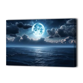 LURENCZH Moon Canvas Wall Art Ocean Full Moon Picture Prints Night Seascape Painting for Living Room Office Decor Framed(Moon-1,12.00" x 18.00")