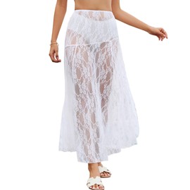 Bsubseach Women Summer Lace Maxi Skirt Elastic Waist Sheer Beach Cover Up Long Skirts White S