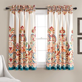 Lush Decor Clara Curtains Paisley Damask Print Bohemian Style Light Filtering Window Panel Set for Living, Dining, Bedroom (Pair), 52" W x 45" L, Turquoise & Tangerine