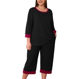 AusLook Women's Plus Size Pajama Set Black Red 3/4 Sleeves Shirt and Capri Pants Sleepwear Loungewear 2 Pcs Pj Sets with Pockets 3X