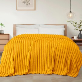 Exclusivo Mezcla Twin Size Flannel Fleece Blanket, Super Soft Striped Jacquard Bed Blanket, Lightweight Fuzzy Cozy for All Seasons, 60x80 Inches, Mustard Yellow