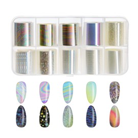 EMSea 10 Rolls White Pearl Color Holographic Nail Foil Transfer Sticker Roll Set Nail Art Transfer Glitter Stickers for Nail Art Decoration DIY Salon -Style-B