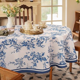 Bnejvif Modern Blue Floral Oval Tablecloth 60 x 84 Inch – Waterproof, Wrinkle-Free Fabric Table Cover for Indoor and Outdoor Dining Decor