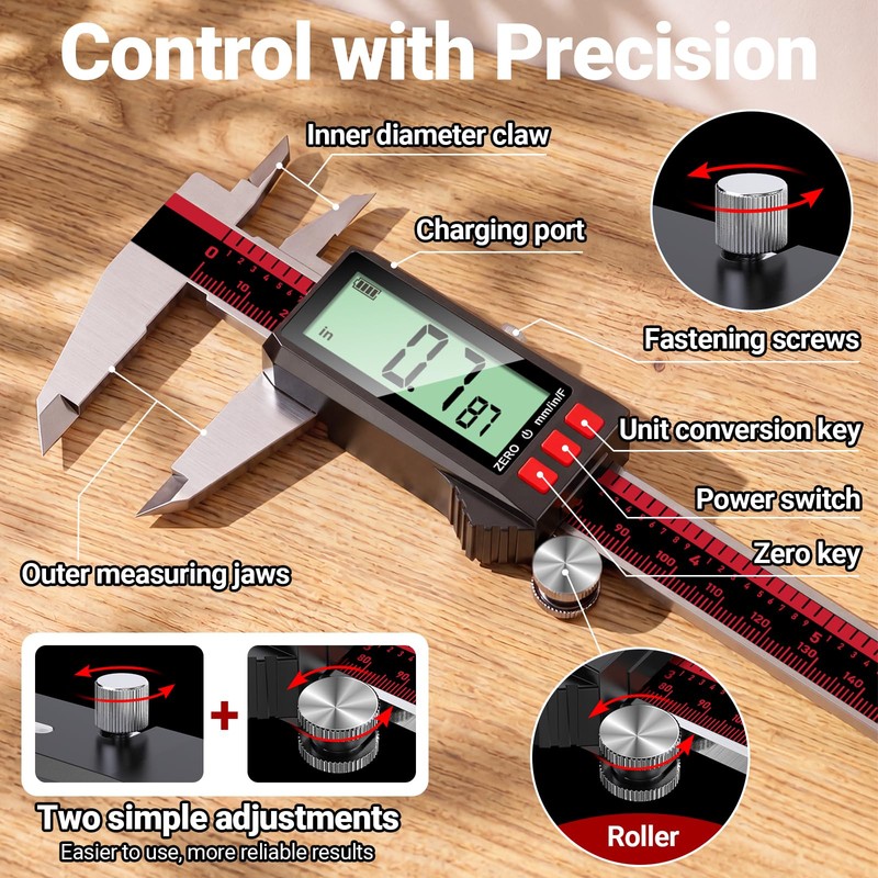 YUWEIC Digital Caliper 8 Inch, Rechargeable Calipers with LCD Screen,
