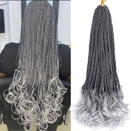 French Curl Crochet Braids 22 Inch 6 Packs Goddess Box Braids Crochet Hair Pre Looped French Curly Braiding Hair Crochet Box Braids With Curly Wavy Ends Synthetic Hair Extensions (#1B/Gray)