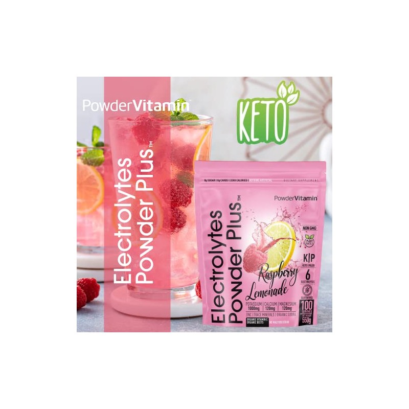 PowderVitamin Electrolitos en polvo Plus (100 porciones) Limonada de frambuesa