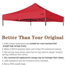 SCOCANOPY Commercial 8x8 Canopy Replacement Top, 100% Waterproof, Fits Most 8x8 Standard Canopy Frames with Straight Legs, Red
