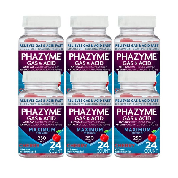 Phazyme Maximum Strength Gas & Acid Relief, Works Fast, Cherry Flavor (24 Count (Pack of 6))