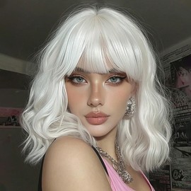 White Wig for Women, Short Wavy Bob Wig with Bangs, Heat Resistant Synthetic Hair Wig for Cosplay Halloween Anime Costume Party Daily Wear, 14 Inch