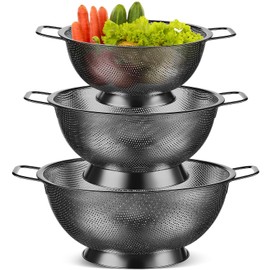 Bokon 3 Pcs Stainless Steel Colander Set Colander Bowl and Sieves 1/3/5 Quart Metal Mesh Strainer Net Basket with Handles Food Spaghetti Strainer for Kitchen Draining Pasta Rinsing(Black)