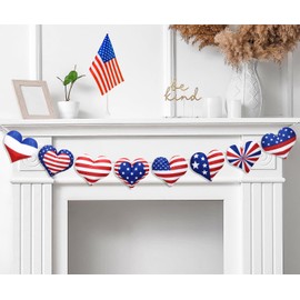 Whaline Patriotic Heart Felt Banner 3D American Flag Heart Pre-Strung Banner Red Blue White 4th of July Bunting Garland for Independence Day Hanging Decoration