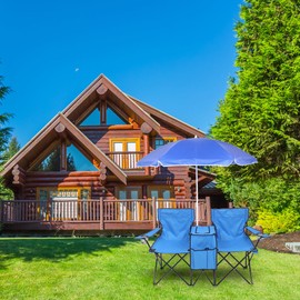 ANEUHS Folding Double Camping Chair w/Umbrella Beverage Holder Carrying Bag Cooler Fold Up Table, Portable Beach Chair for Camping, Picnic, Fishing, Beach (Blue)