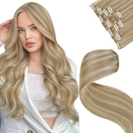 LaaVoo Blonde Clip in Hair Extensions Real Human Hair Clip in Extensions Full Head Straight Clip Extensions Highlight Golden Blonde Remy Hair Double Weft 80g 5pcs 12 Inch #16/22