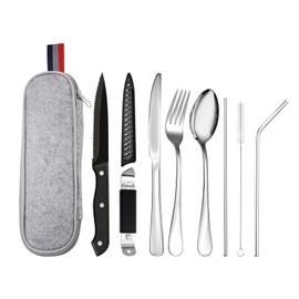OBR KING Travel Cutlery Set with Case, 9-Piece Stainless Steel Outdoor Cutlery Set, Portable Camping Cutlery, Silver