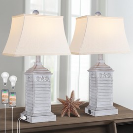 Hamucd Coastal Table Lamps Set of 2, Beach Living Lamps for Bedroom with USB A+C, Antique Grey Modern Resin LED 3-Color Temperature Bedside Nautical Decor, Nightstand Tropical Lamps for End Table.