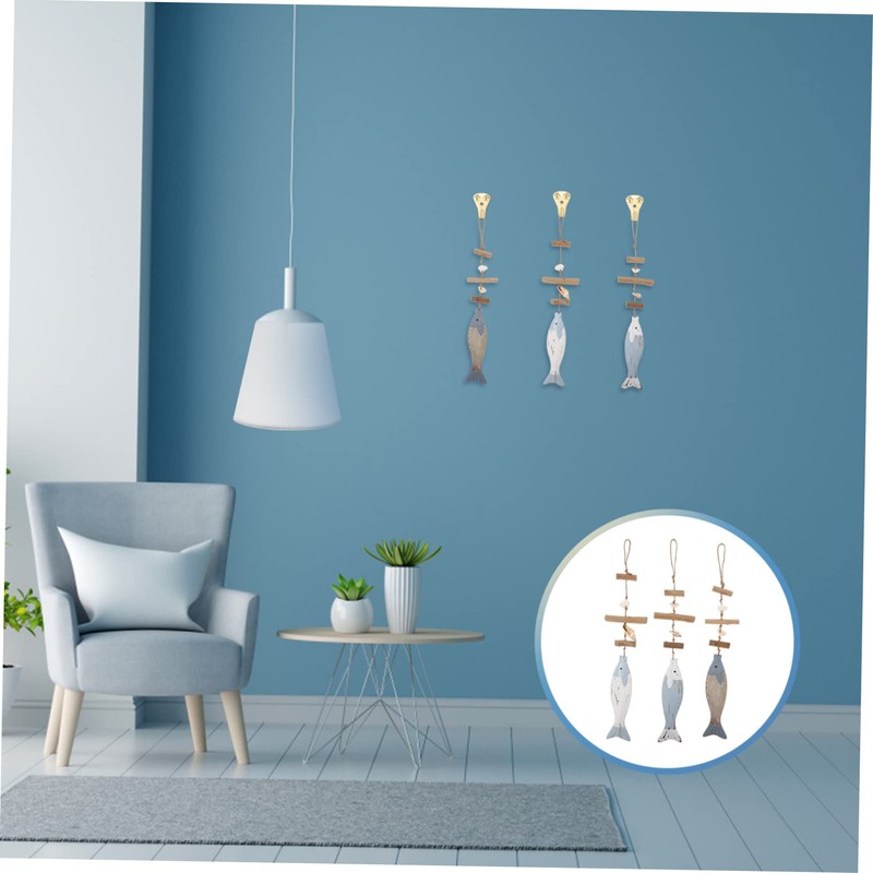 Ciieeo 3Pcs Mediterranean Wood Fish Hanging Pendant Sculpture Nautical Decor