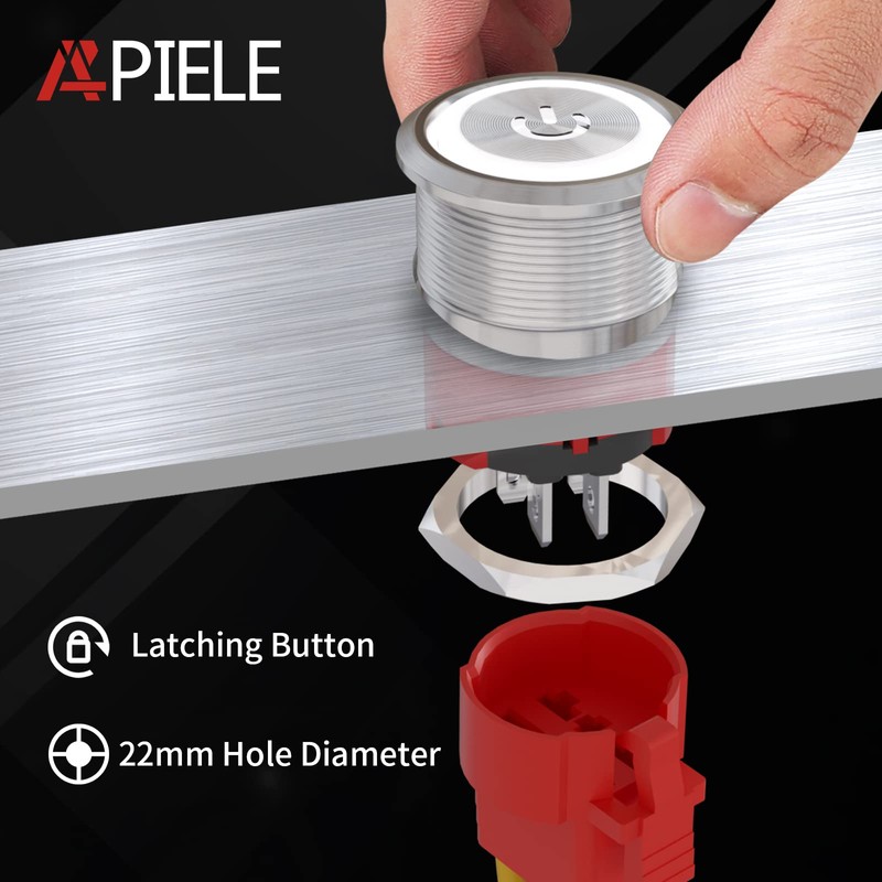 APIELE 22mm Latching Push Button Switch 12V 10A Power Symbol