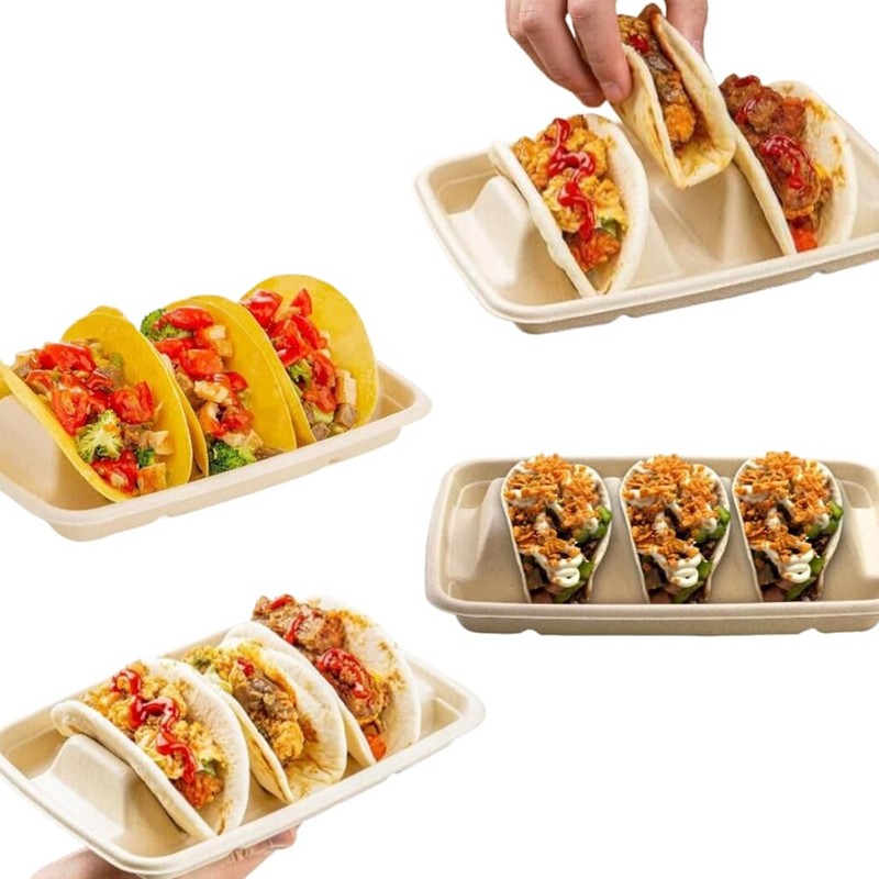 Ebonee Disposable Taco Holders with 3 Dividers, Paper Taco Plates