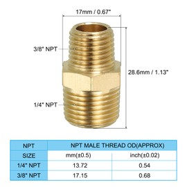 PATIKIL Solid Brass Hex Nipple Pipe Fitting Thread Adapter, 4 Pack 3/8" NPT x 1/4" NPT Male Water Line Connectors Couplings