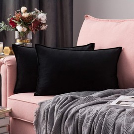 MIULEE Pack of 2 Velvet Soft Decorative Square Throw Pillow Case Flanges Cushion Covers Pillowcases for Livingroom Sofa Bedroom with Invisible Zipper 30cm x 50cm 12x20 Inch Set of 2 Black