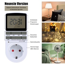 Digital Timer Switch, Electric Timer Socket with LCD Display, German System and Buttons with 10 Configurable Programmes, 12/24h Mode for Socket, Light (Pack of 2)
