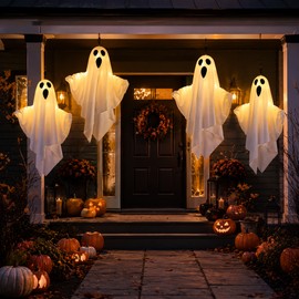 LED Hanging Ghost for Halloween Decor – Light-Up Fabric Horror Prop with Bendable Arms for Home, Porch & Haunted House