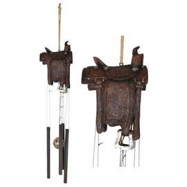 Ebros Gift Western Farm Country Rustic Horse Saddle in Faux Tooled Leather Finish Decorative Wind Chime Garden Patio As Farmland Hanging Mobile Figurine Cowboys Cowgirls Horses