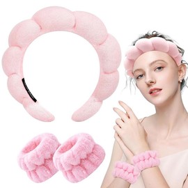 Sponge Face Wash Headband and Wristband Set, Spa Makeup Skincare Terry Cloth Bubble Soft Headbands, for Women Girl Puffy Padded Non Slip Thick Hair Accessory(Pink)