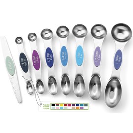 Spring Chef Stainless Steel Magnetic Measuring Spoons Set of 8 with Leveler, Dual Sided Metal Teaspoon & Tablespoon Measuring Spoons, Nesting Kitchen Gadgets for Baking & Cooking - Winter Frost