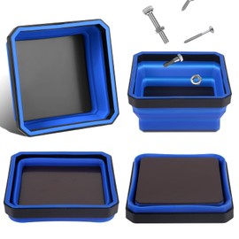 Collapsible Magnetic Parts Tray Set, 4 Pack New Version Magnetic Tool Trays for Screw Bolts Nuts Washers Pins & Small Metal Parts-4.5” Square Silicone Bowls with Double Sided Magnetic Base(Dark Blue)
