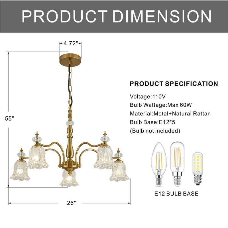 TELAFLY 5 Lights Vintage Gold Chandelier, Elegant Rustic Chandeliers Glass