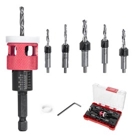 5-Piece Countersink Wood Drill Bit with Countersink Wood Countersink Drill Bit Set - 3.2/3.5/4/4.4/4.8 mm Drill + 9.5 mm 12.7 mm 82° Countersunk, 6.35 mm Hex Shank Adjustable Pre-Drill with