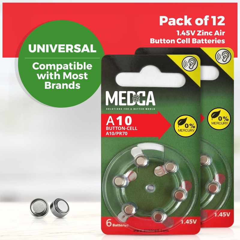 MEDca A10 Batteries - 12 Count Pack - 1.45V Zinc