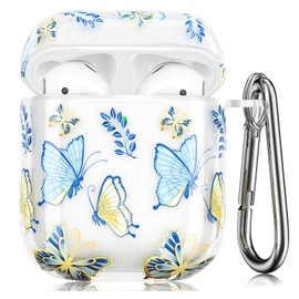 QINGQING Compatible with AirPods Case, Cute Printed Design Airpods Protective Hard Case Cover Portable & Shockproof Women Men with Keychain for Airpods 2/1 Charging Case, Butterfly