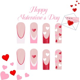 Valentines Press on Nails Long Coffin False Nails Pink Glitter French Tip Glue on Nails Glossy Deigns Heart Fake Nails Valentines Nails Tips Full Cover Acrylic Nails for Women Girls 24Pcs