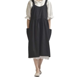Women Girls Vintage Cute Apron Gardening Works Cross Back Cotton/Linen Blend Aprons Pinafore Dress with Two Pockets (black)