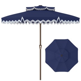 Patiokingdom 9FT Patio Umbrella with Fringe,Tassel Umbrella UPF 50+ & Push-Button Tilt,Rust-Resistant Fiberglass Frame for Pool,Garden,Backyard,Yard (Navy)