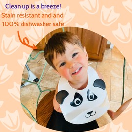 Silly Goose Set of 2 Silicone Animal Baby Bibs for Babies and Toddlers, Waterproof, Adjustable, Soft, Extra Wide Food Catcher Pocket (Panda + Hippo)