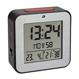 TFA Dostmann 60.2547.54 Digital Radio-Controlled Alarm Clock with 2 Alarm Clocks Radio-Controlled Clock with Room Climate Aluminium Front Black (L) 82 x (W) 33 x (H) 82 mm