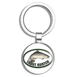 HJ Media Oval Trout Hunter (Fishing Fish Rainbow Fisher Lure) Metal Round Metal Key Chain Keychain Ring
