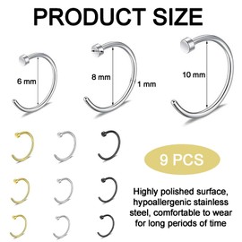 LIURFLNC Pack of 9 Fake Nose Ring, Fake Nose Piercing, Fake Nose Ring, Fake Piercing Set, Nose Piercing, No Needle Earring, Nose Piercing, Fake for Nostril, Breasts, Ear Lip (Gold Silver Black),