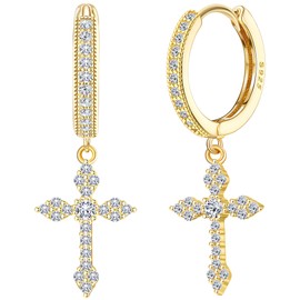 Milacolato 925 Sterling Silver Cross Earrings for Men Women Dainty CZ Huggie Hoop Earrings Iced Out Cross Dangle Earrings Lightweight Huggie Cuff Dangle Earrings for Men Women